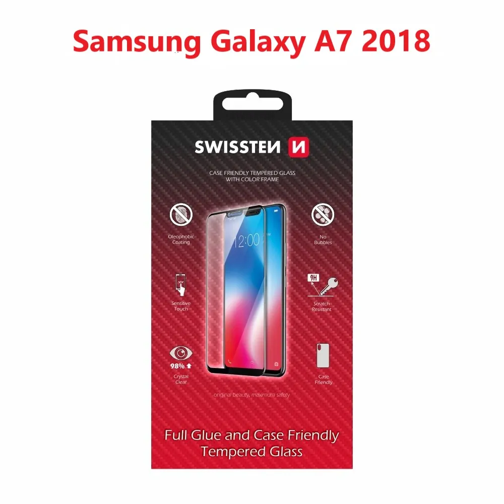sklo swissten full glue, color frame, case friendly pro samsung a750 galaxy a7 2018 černé