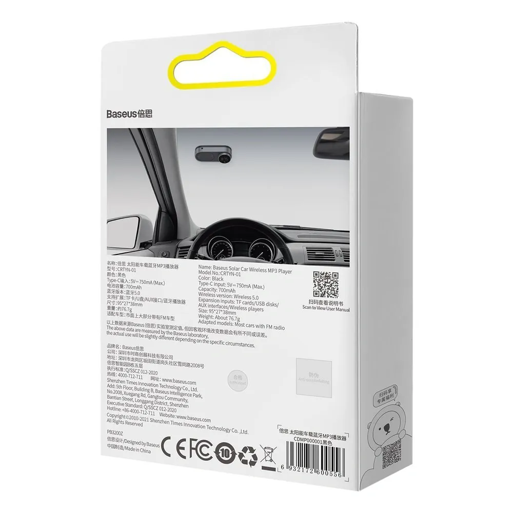 Baseus solar car wireless MP3 music player FM transmitter Bluetooth 5.0 750mAh (TF card / USB / AUX) černá (CDMP000001)