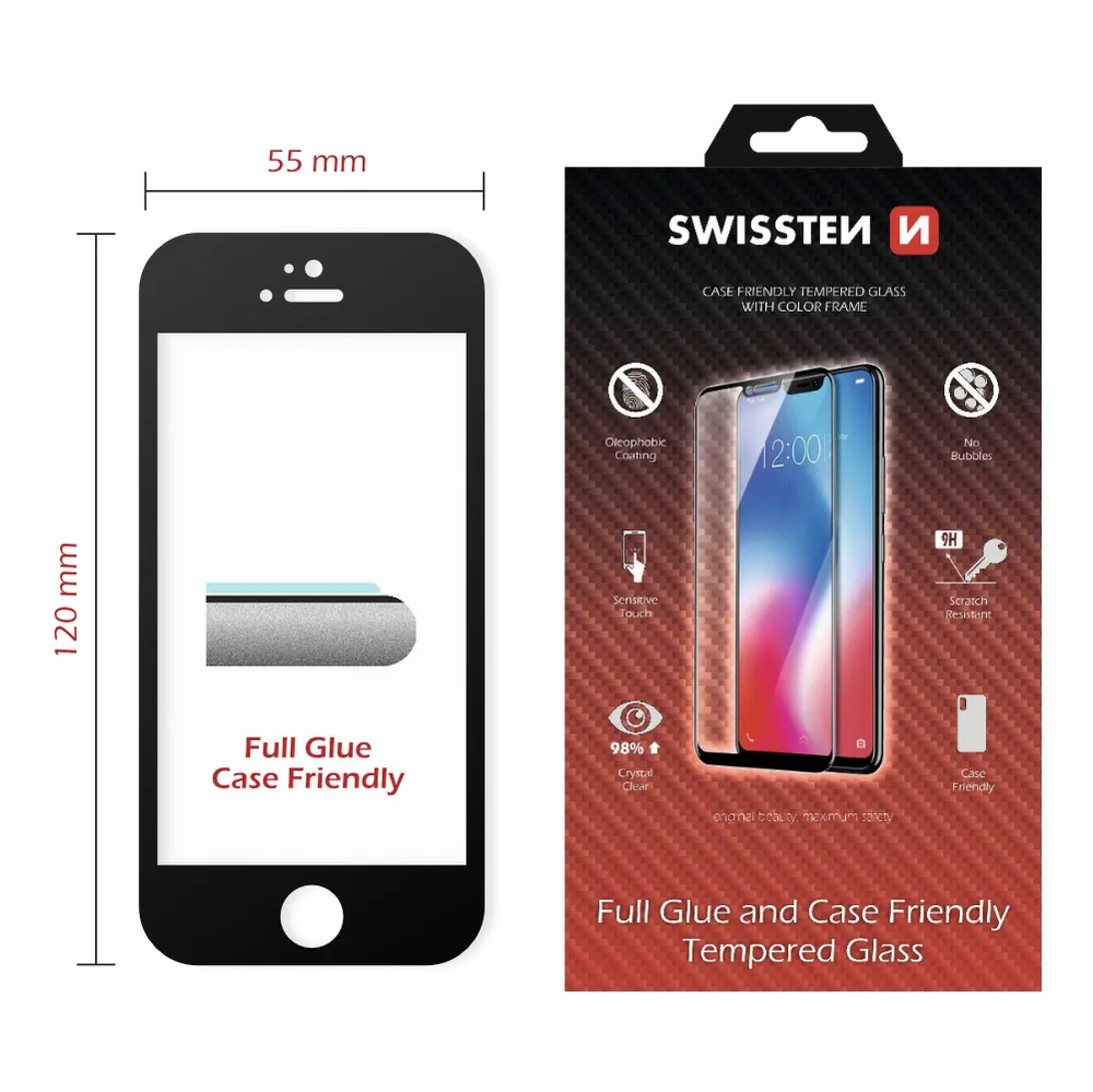 Sklo Swissten Full Glue, Color Frame, Case Friendly Pro Apple Iphone 5/Se Černé