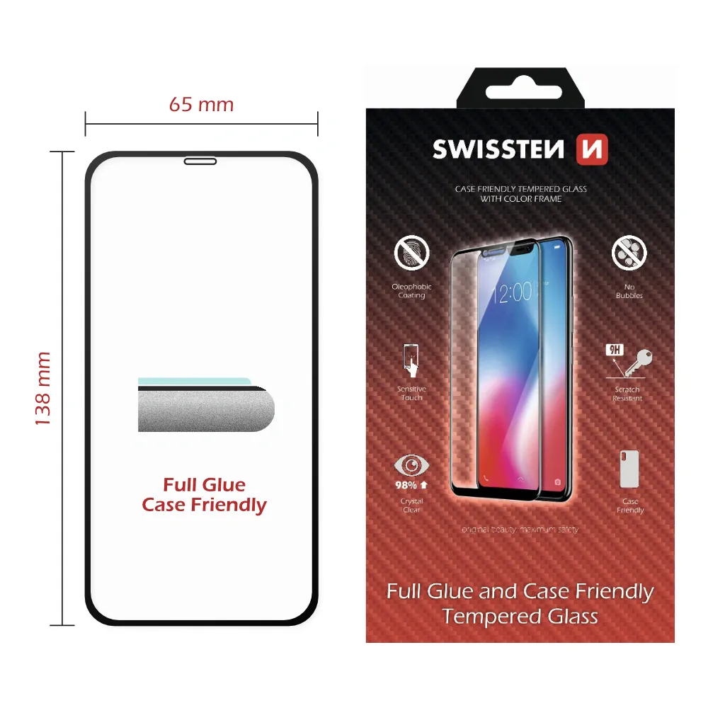 Sklo Swissten Full Glue, Color Frame, Case Friendly Pro Apple Iphone X/Xs Černé