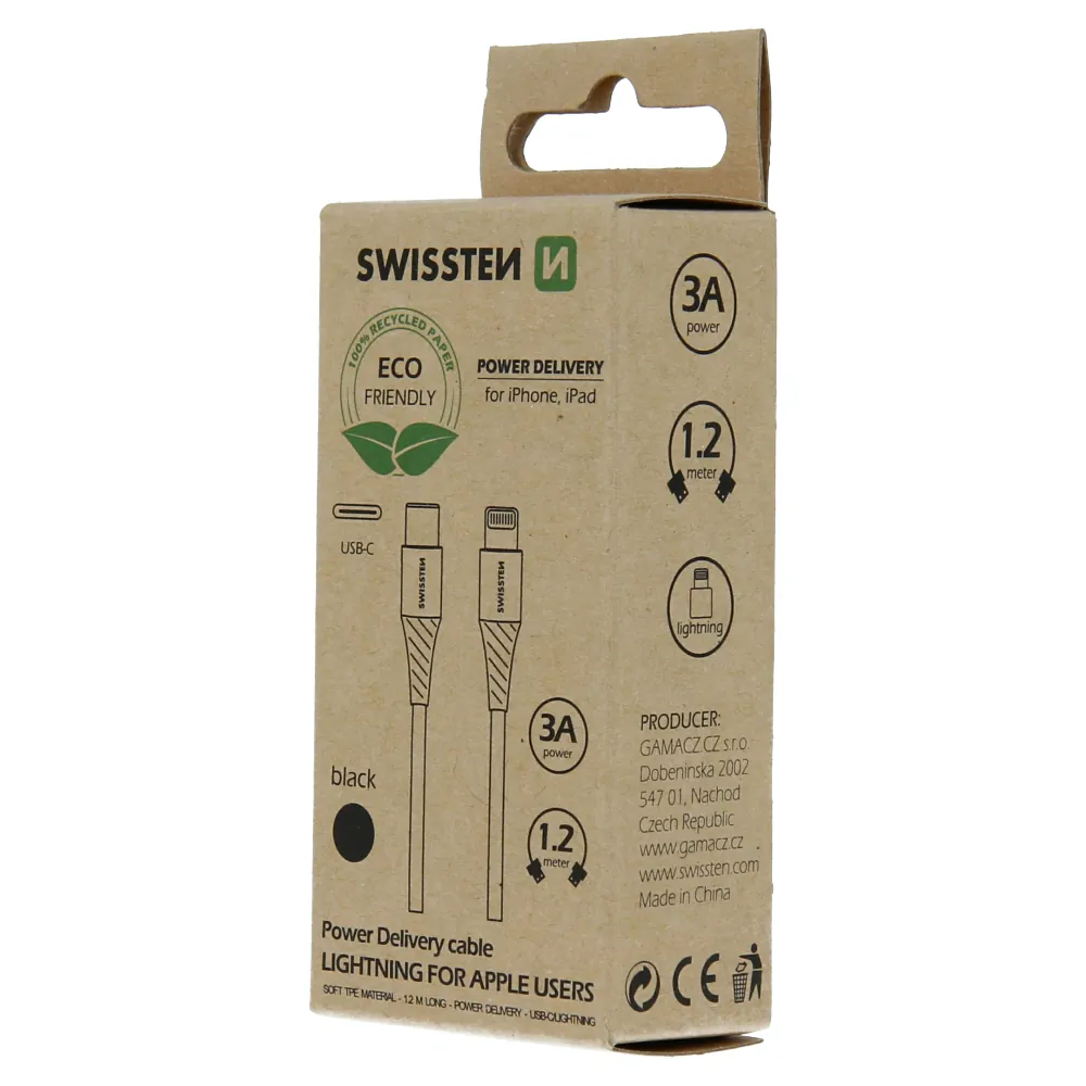 Datový Kabel Swissten Usb-C/Lightning Černý 1,2M (Eco Balení) 8595217475656