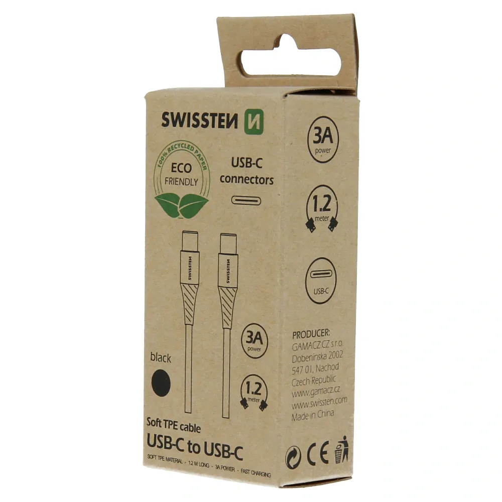 Datový Kabel Swissten Usb-C/Usb-C Černý 1,2M (Eco Balení) 8595217475670