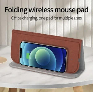 Huanyu bezdrátová kožená podložka pod myš/stojan na telefon rychle nabíjecí 15W, šedá