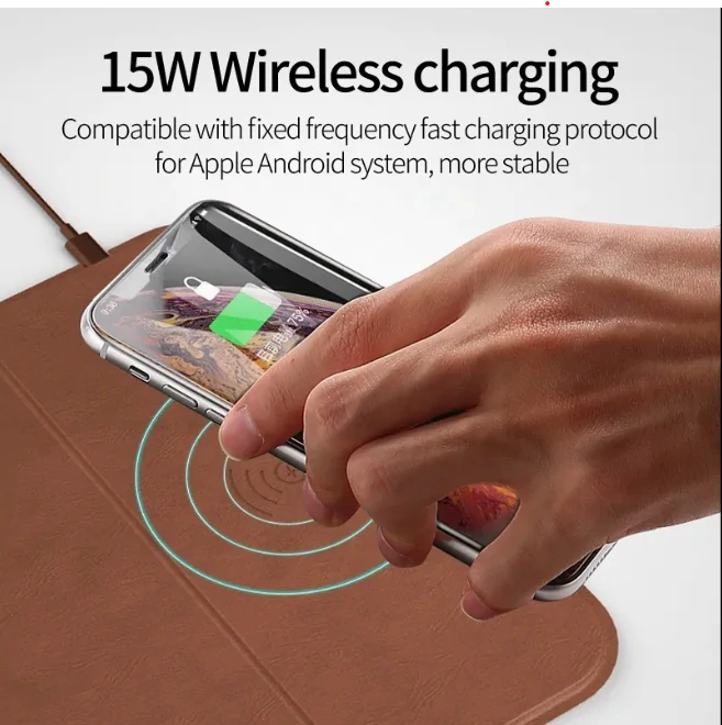 Huanyu bezdrátová kožená podložka pod myš/stojan na telefon rychle nabíjecí 15W, šedá