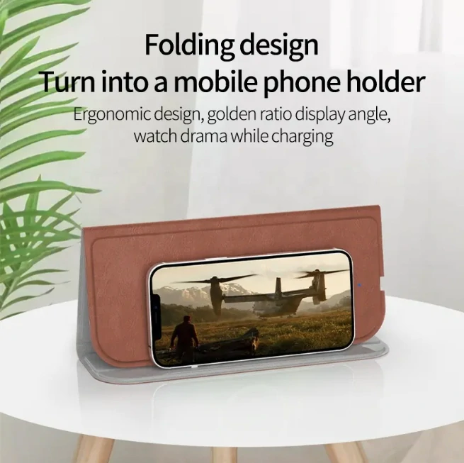 Huanyu bezdrátová kožená podložka pod myš/stojan na telefon rychle nabíjecí 15W, šedá