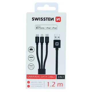 Swissten textilní datový kabel 3In1 Mfi 1,2 M Černý (Lightning, Usb-C, Micro Usb) 8595217463400