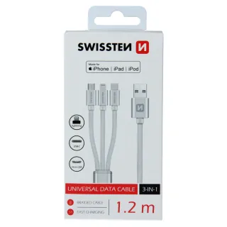 Swissten textilní datový kabel 3In1 Mfi 1,2 M Stříbrný (Lightning, Usb-C, Micro Usb) 8595217463417