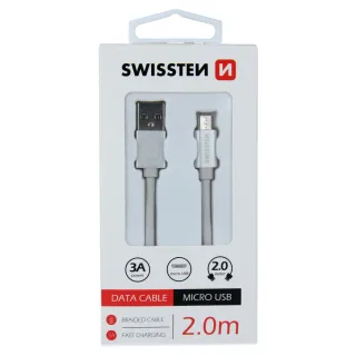 Swissten textilní datový kabel Usb / Micro Usb 2,0 M Stříbrný 8595217455535