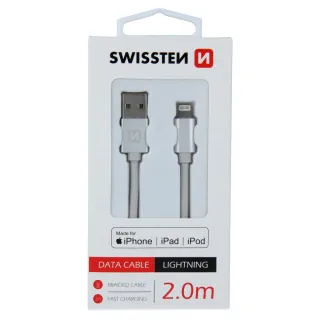 Swissten textilní datový kabel Usb / Lightning Mfi 2,0 M Stříbrný 8595217455818