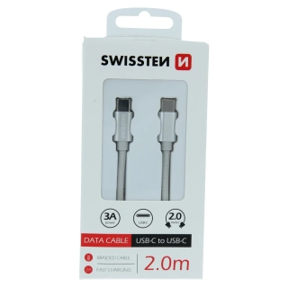Swissten textilní datový kabel Usb-C / Usb-C 2,0 M Stříbrný 8595217476370
