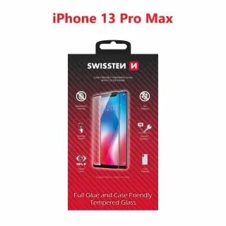 sklo swissten full glue, color frame, case friendly apple iphone 13 pro max černé